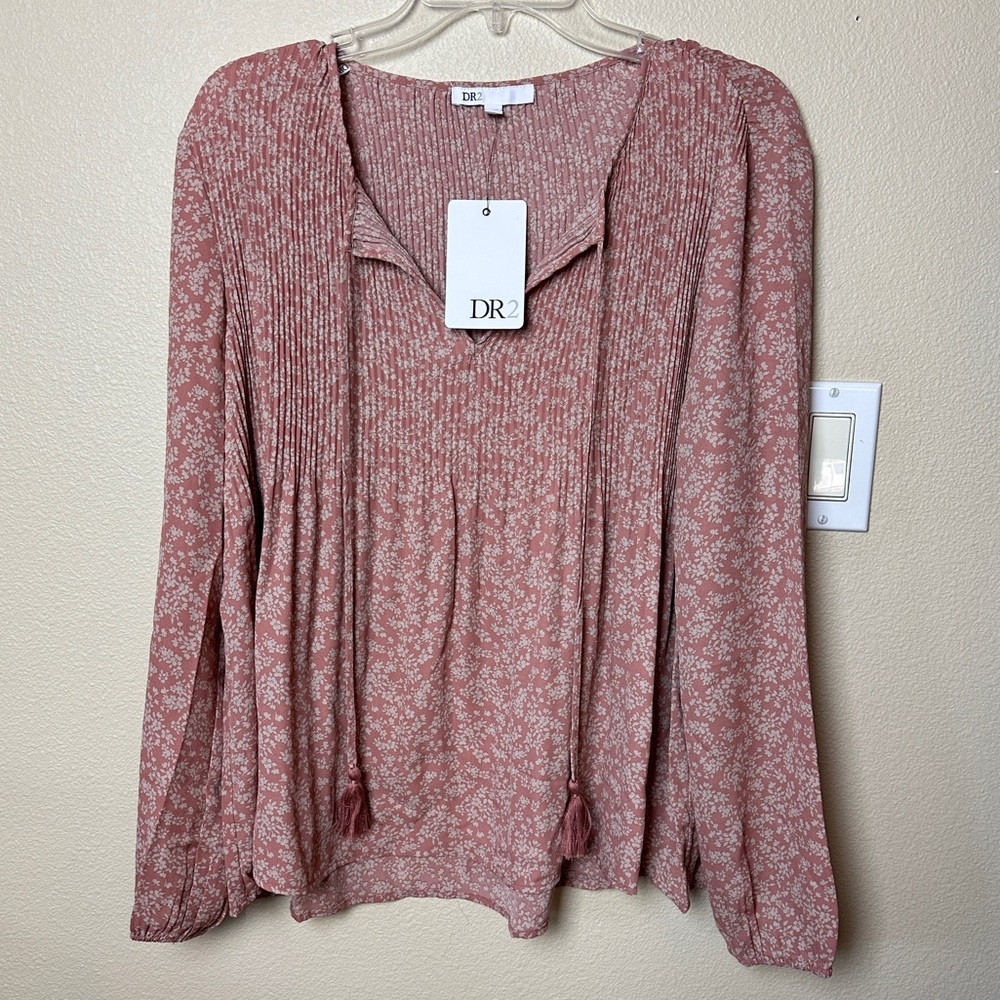 DR2 Women's Pink Floral Peasant Tassel Top NWT Size M
